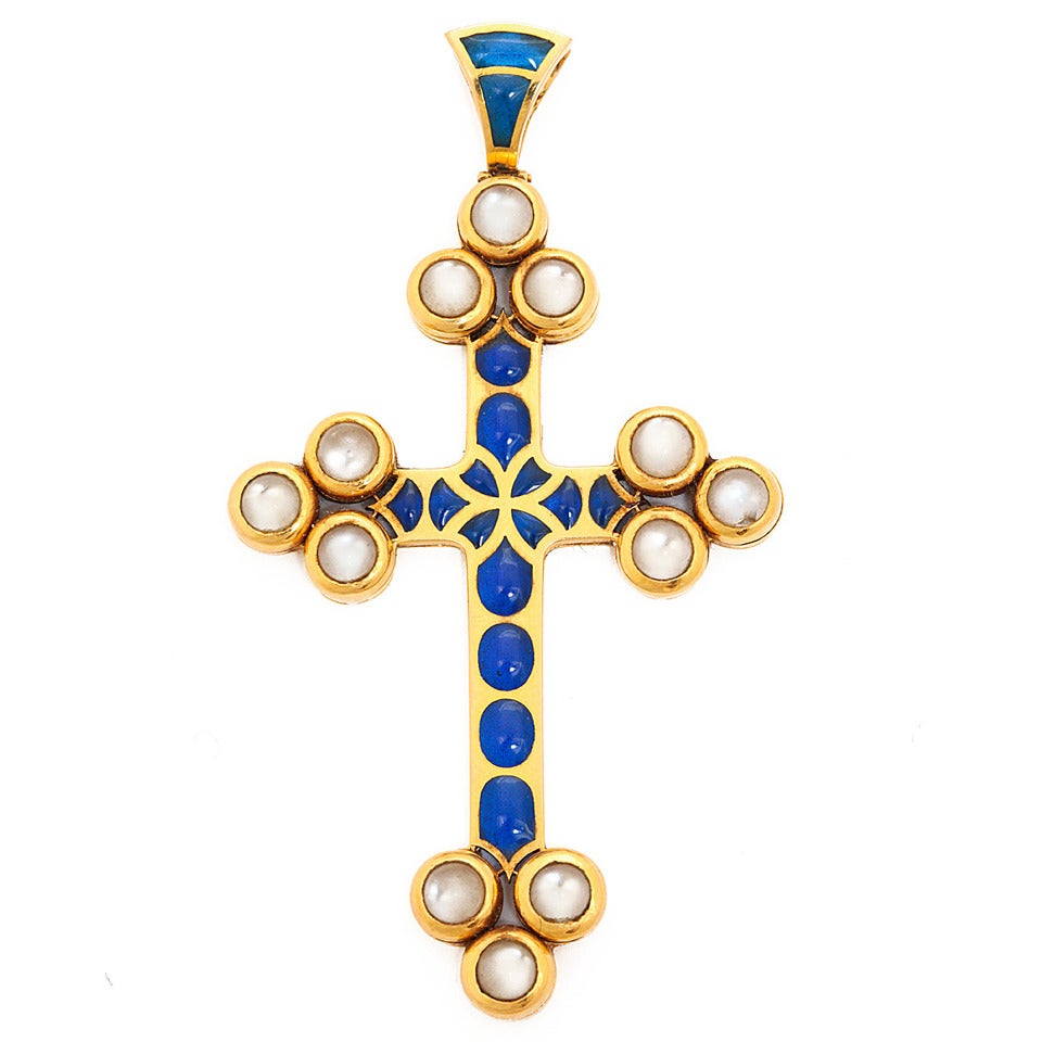 Renaissance Revival Plique-à-Jour Enamel Moonstone Gold Cross Pendant For Sale