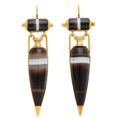 Victorian Classical Revival Banded Agate and Gold Earrings