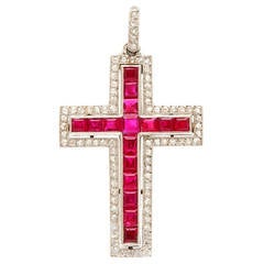 1930s Cartier Ruby Diamond Platinum Cross Pendant