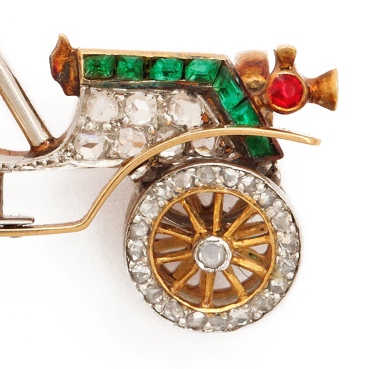Women's Antique Diamond and Emerald Car Brooch For Sale