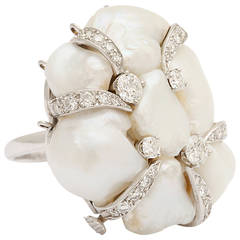 Ruser Natural Baroque Pearl Diamond Platinum Ring/Clasp