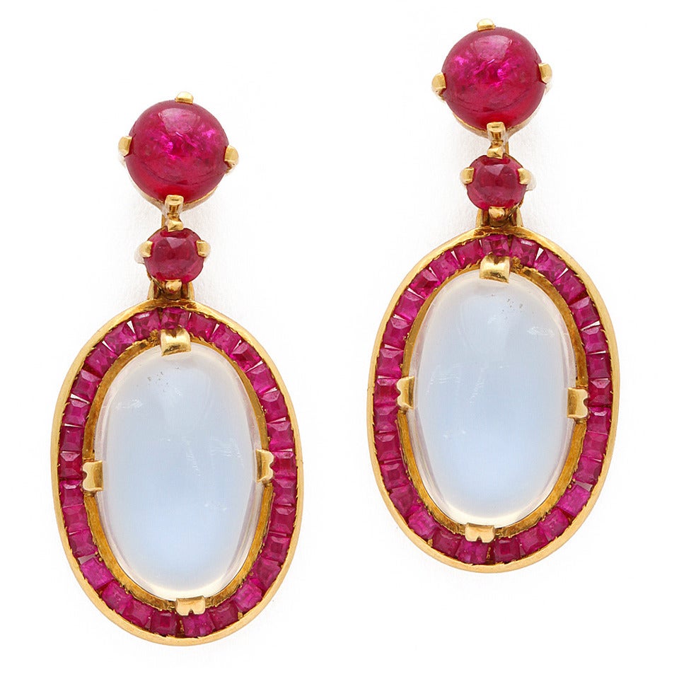 Victorian Moonstone Ruby Gold Drop Earrings For Sale