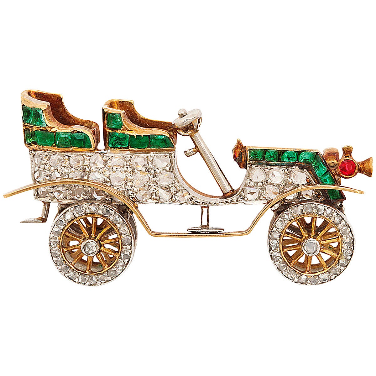 Antique Diamond and Emerald Car Brooch For Sale