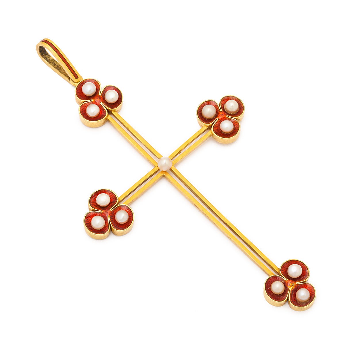 Large 15k gold cross pendant decorated with red enamel and natural pearls.

English, ca. 1890, probably by Robert Phillips
Length: 4 1/2 inches with bail