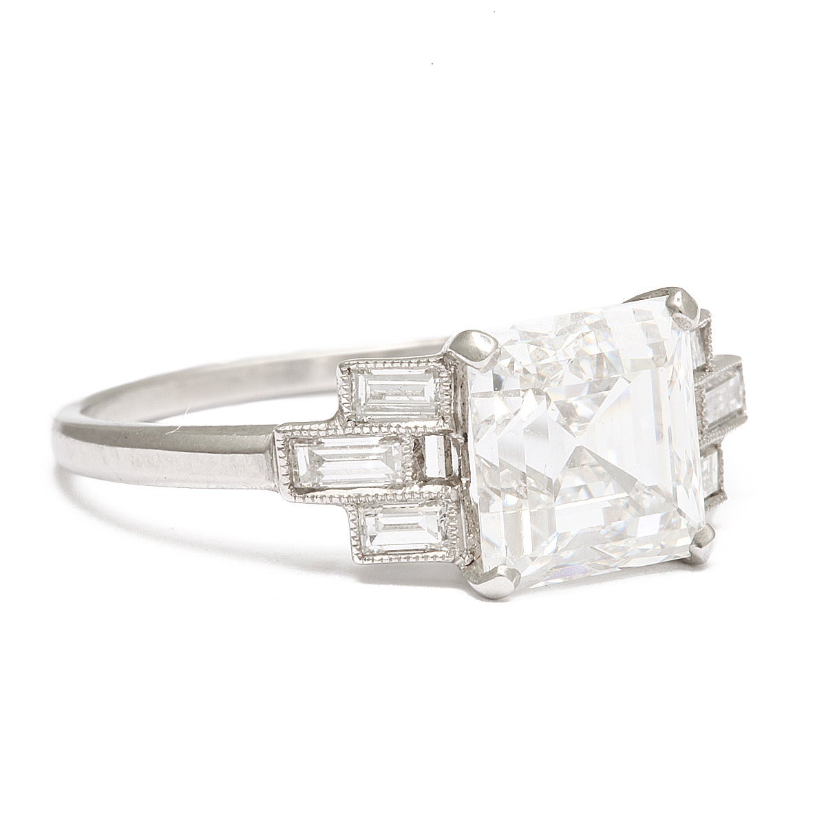 Art Deco Asscher Cut GIA Cert Diamond Platinum Engagement Ring In Excellent Condition For Sale In New York, NY