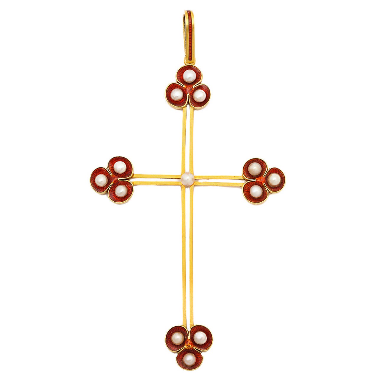 Victorian Natural Pearl and Enamel Cross Pendant For Sale