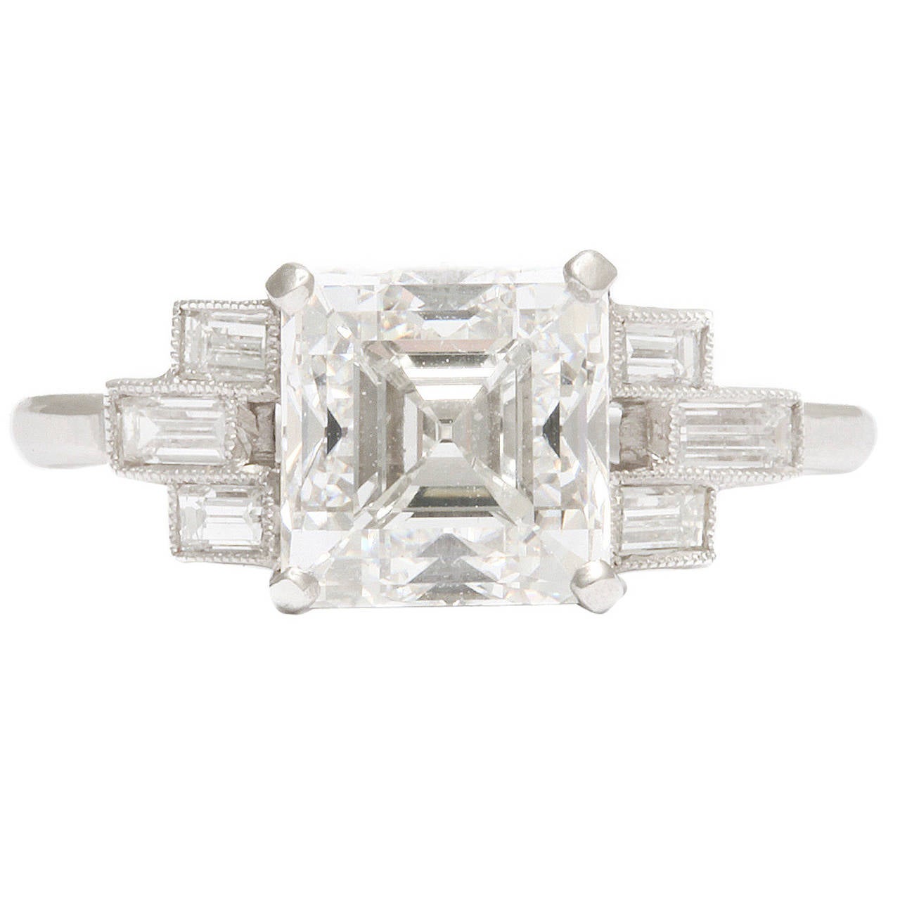 Art Deco Asscher Cut GIA Cert Diamond Platinum Engagement Ring For Sale