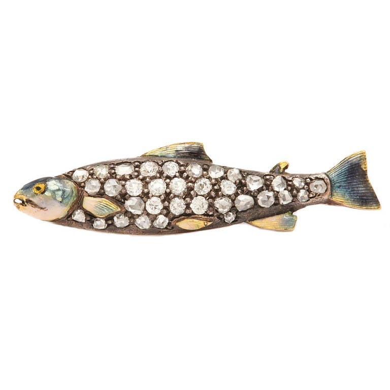 Victorian Enamel Diamond Fish Brooch For Sale