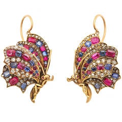 Victorian Sapphire Ruby Diamond Butterfly Earrings