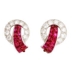 Cartier Art Deco Ruby Diamond Platinum Earrings