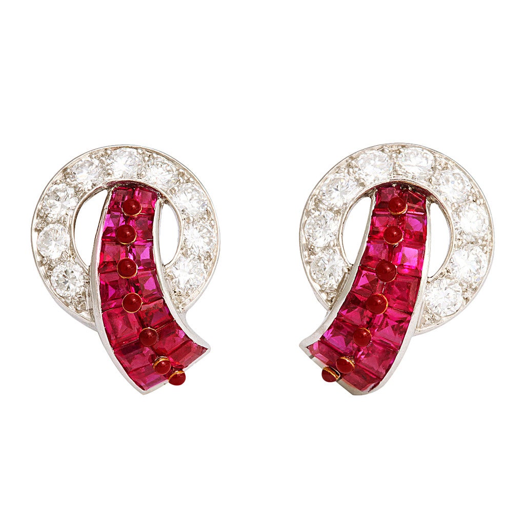 Cartier Art Deco Ruby Diamond Platinum Earrings