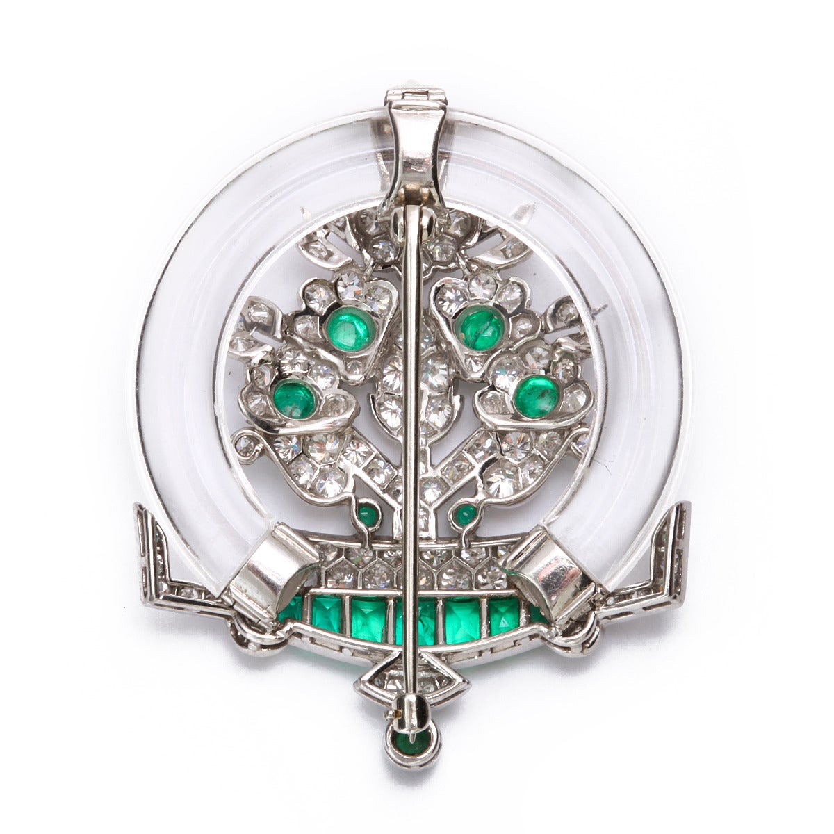 Art Deco Rock Crystal Emerald Diamond Platinum Circular Brooch In Excellent Condition For Sale In New York, NY