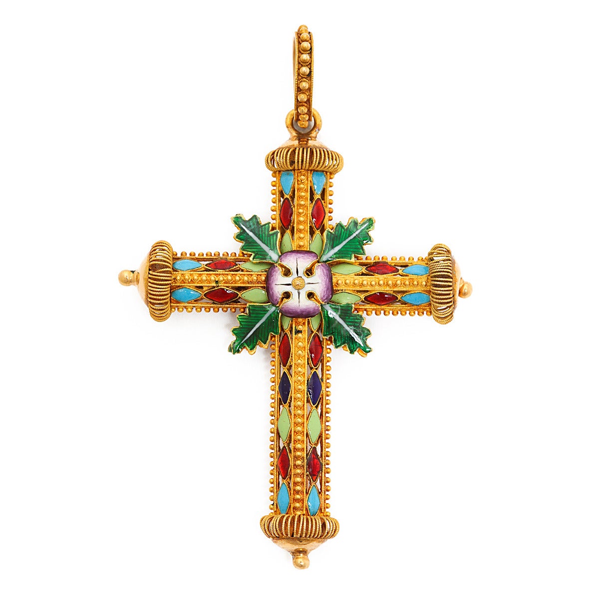 Multi-colored enamel and filigree gold cross pendant and earrings.

English, ca. 1870.
Length of cross: 2 1/2 in.
Length of earrings: 1 1/2 in.