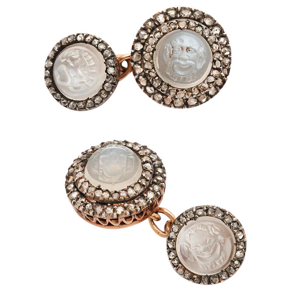 Victorian Carved Moonstone Double Cufflinks For Sale