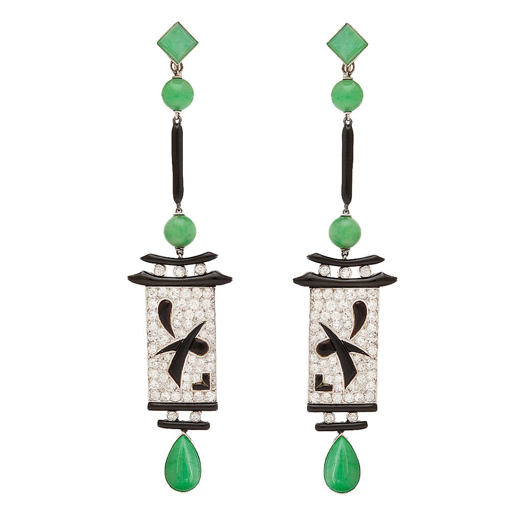 Art Deco Jade Pendant Earrings For Sale