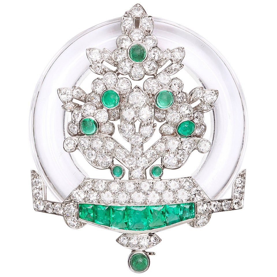 Art Deco Rock Crystal Emerald Diamond Platinum Circular Brooch For Sale