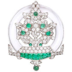 Art Deco Rock Crystal Emerald Diamond Platinum Circular Brooch