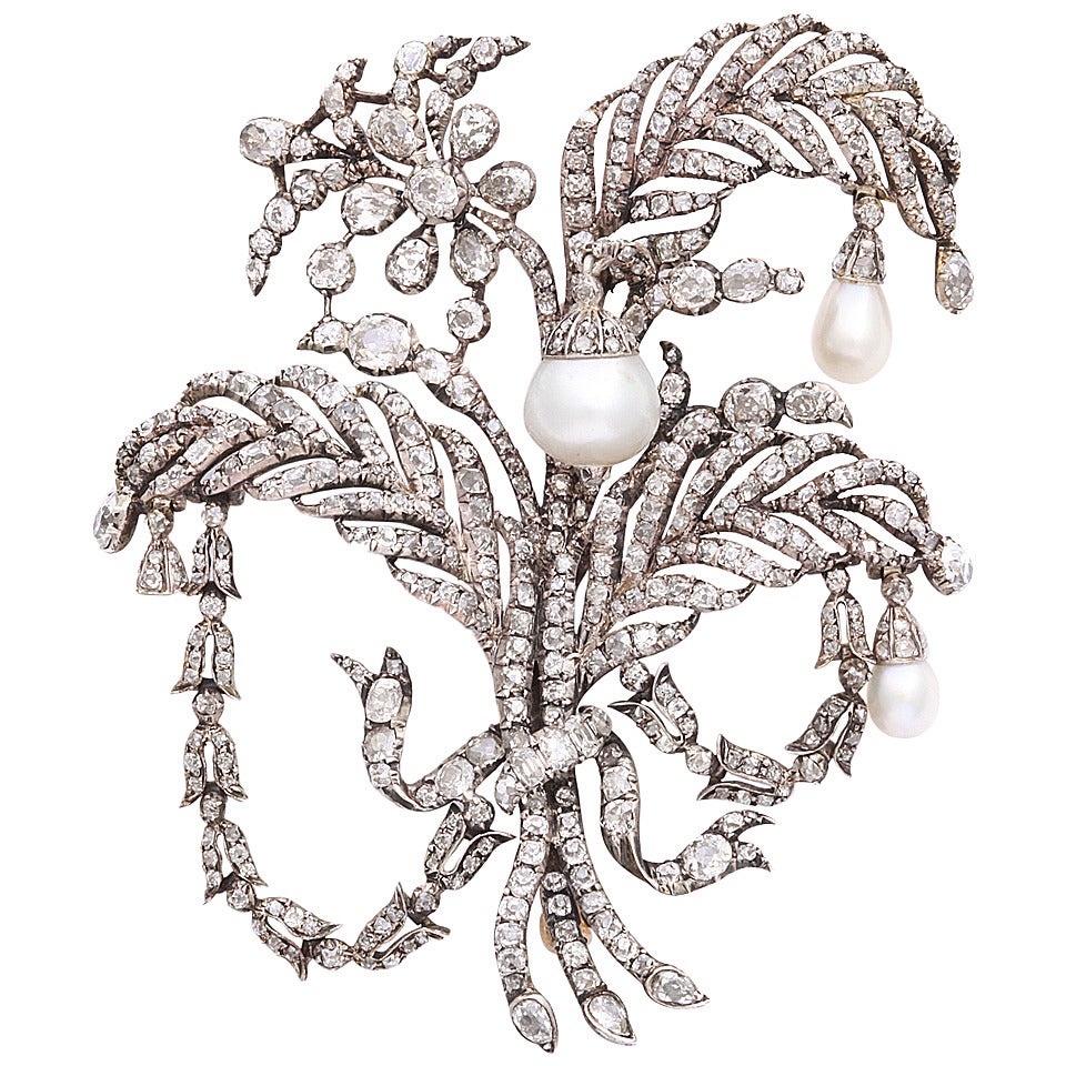 Antique Natural Pearl Diamond Silver Spray Brooch For Sale