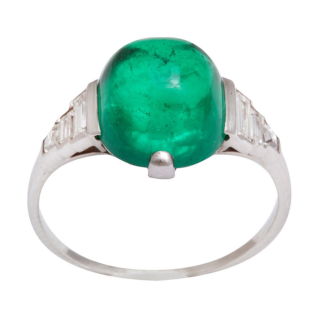 Antique Cabochon Emerald Diamond Platinum Ring