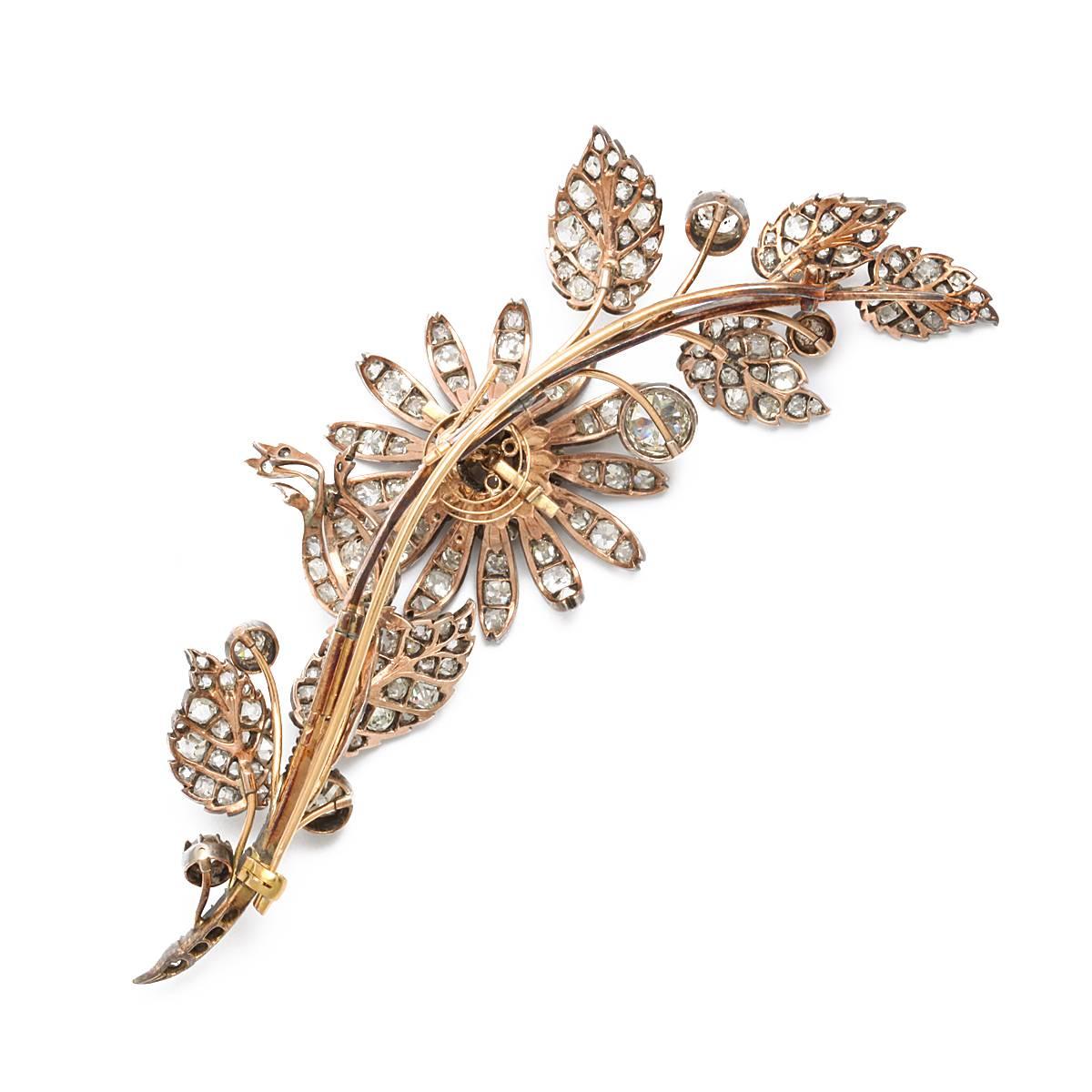 Women's Victorian Diamond Silver Gold En Tremblant Floral Spray Brooch