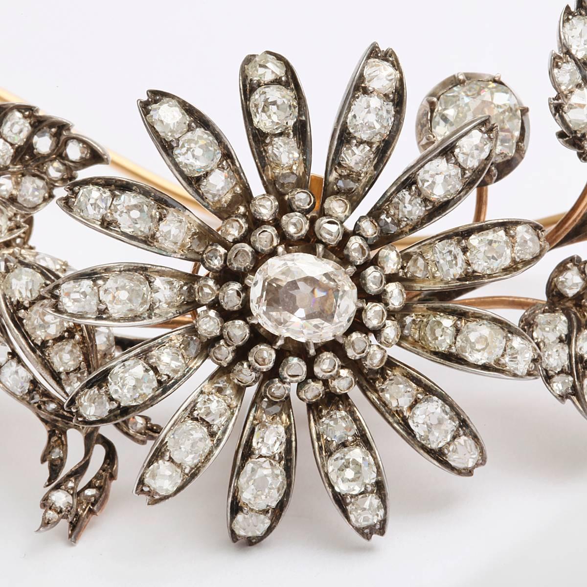 Victorian Diamond Silver Gold En Tremblant Floral Spray Brooch In Excellent Condition In New York, NY