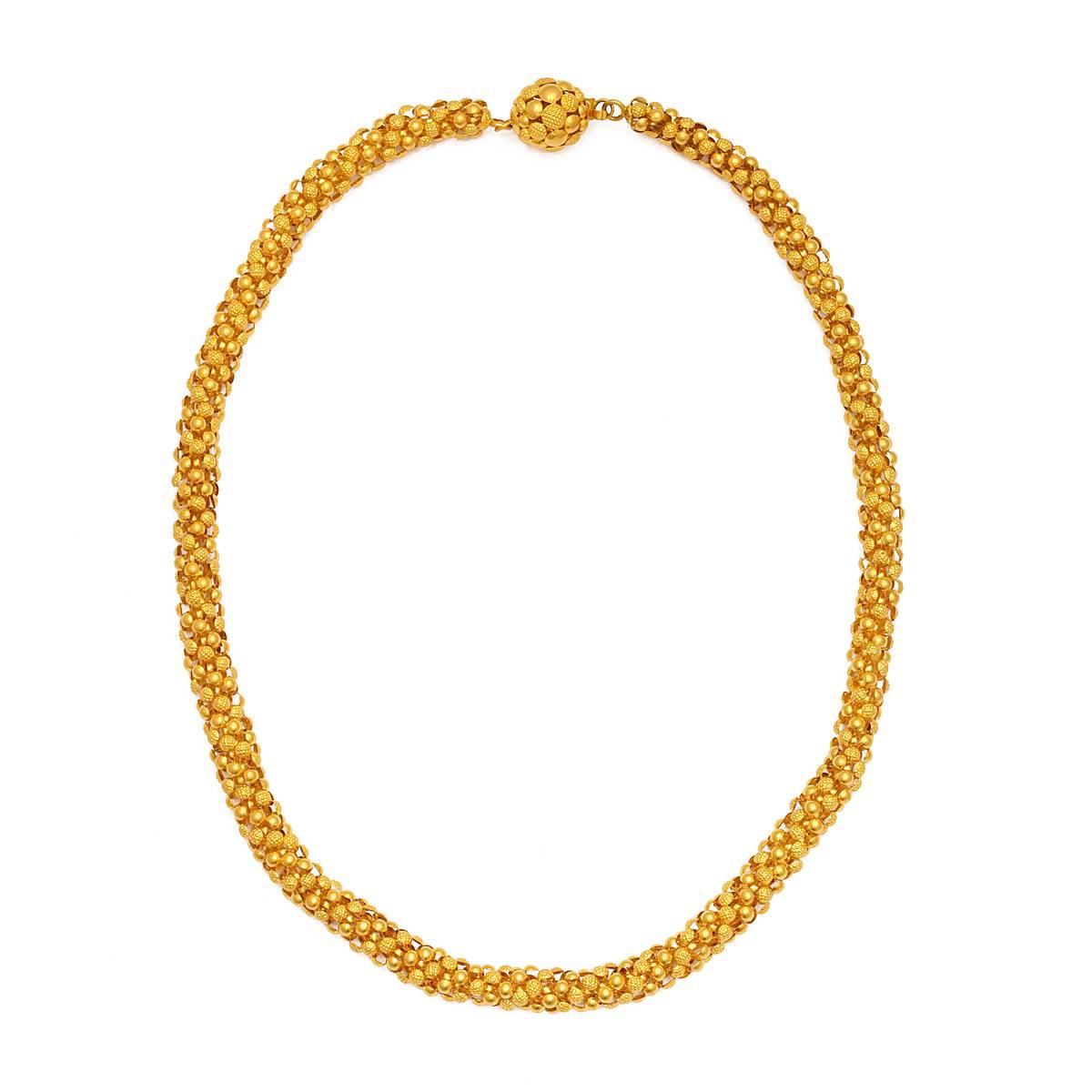 Georgian 15k thick openwork ornamented gold mesh chain with ball clasp.

English, ca. 1790
Length: 18 1/2 inches
Width: 1/4 inch