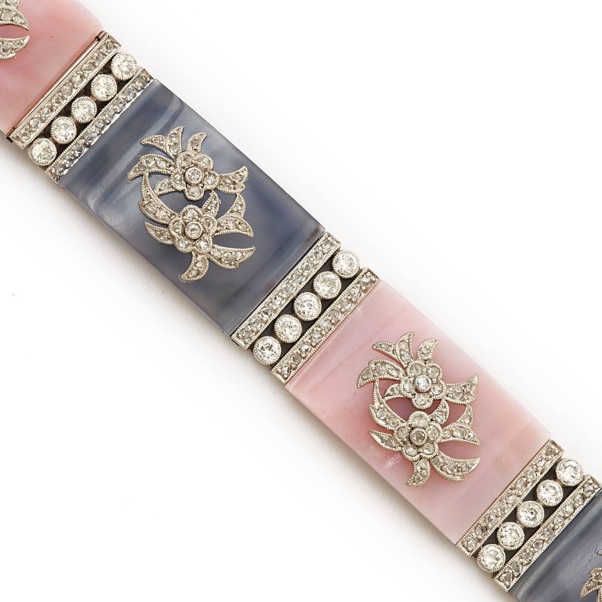 Edwardian Agate Chalcedony Diamond Panel Bracelet For Sale 1