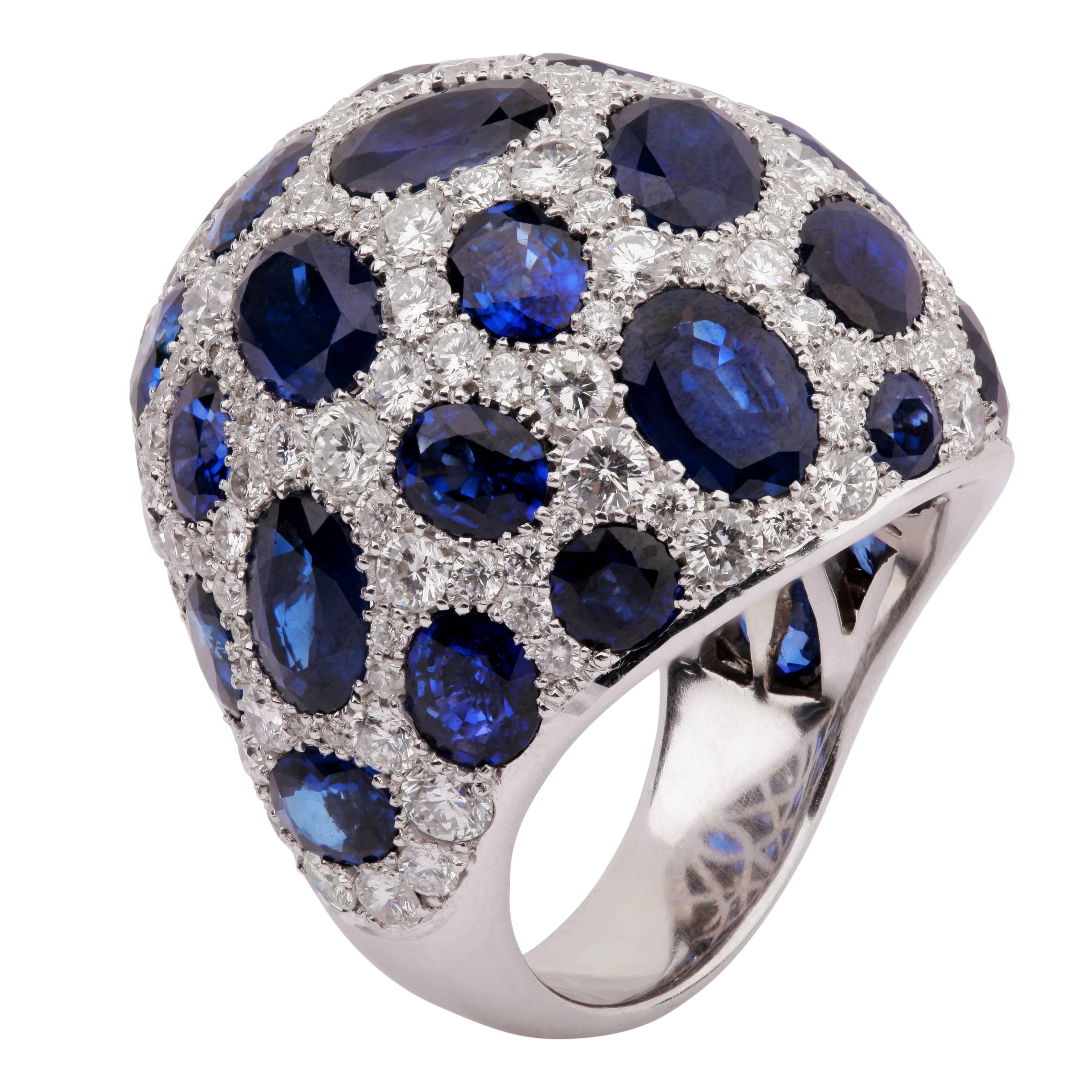 Blue Sapphire and Pave Diamond Dome Ring