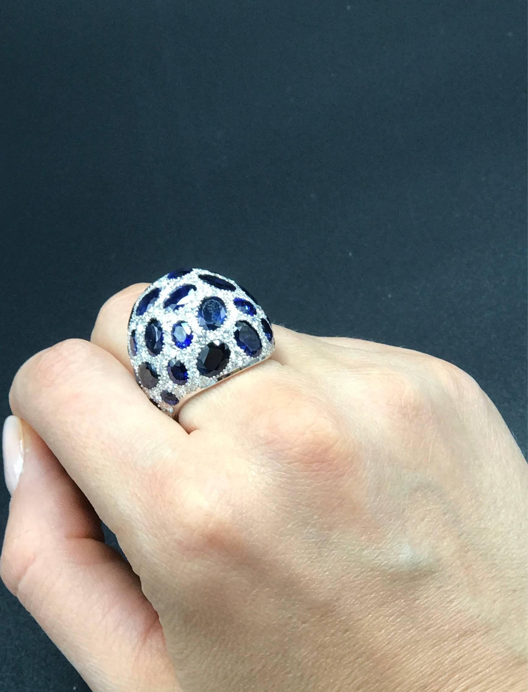 Women's or Men's Blue Sapphire and Pave Diamond Dome Ring