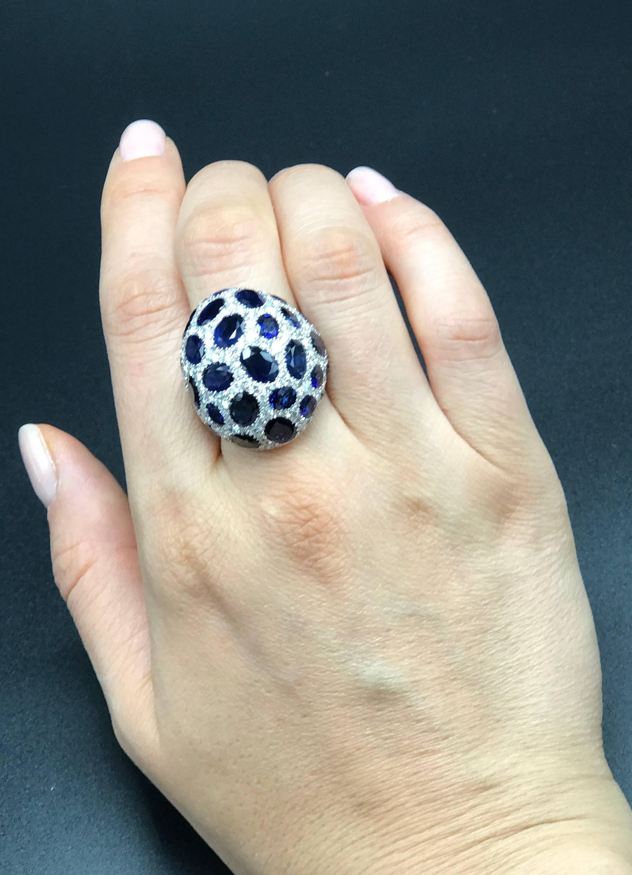 Blue Sapphire and Pave Diamond Dome Ring 2