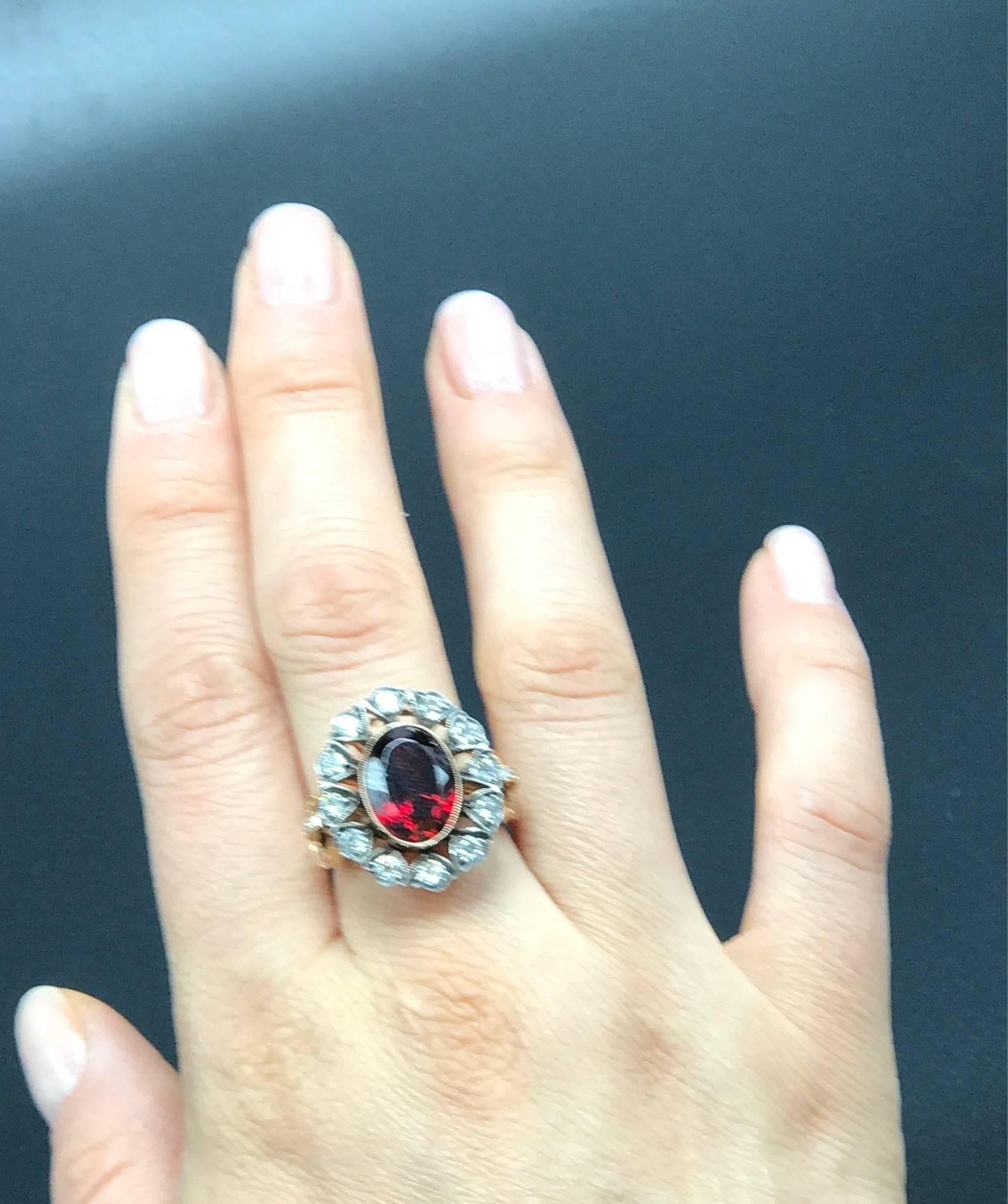 Garnet and Diamond Estate Rose Gold and Sterling Silver Ring In New Condition For Sale In New York, NY