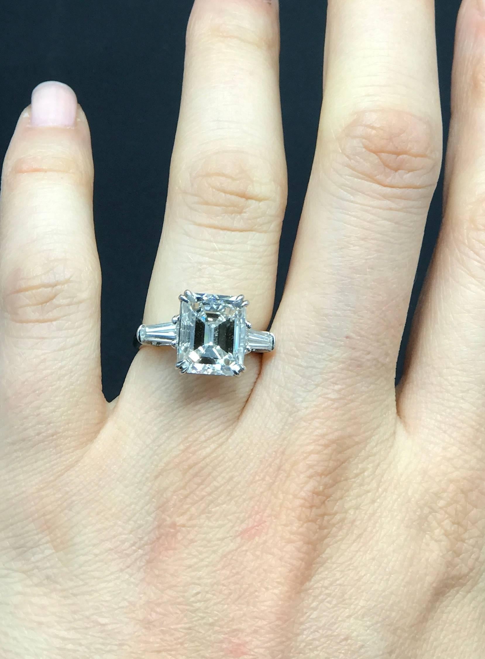 GIA Certified 5.10 Carat E Color VS2 Clarity Emerald Cut Diamond Engagement Ring In Excellent Condition In New York, NY