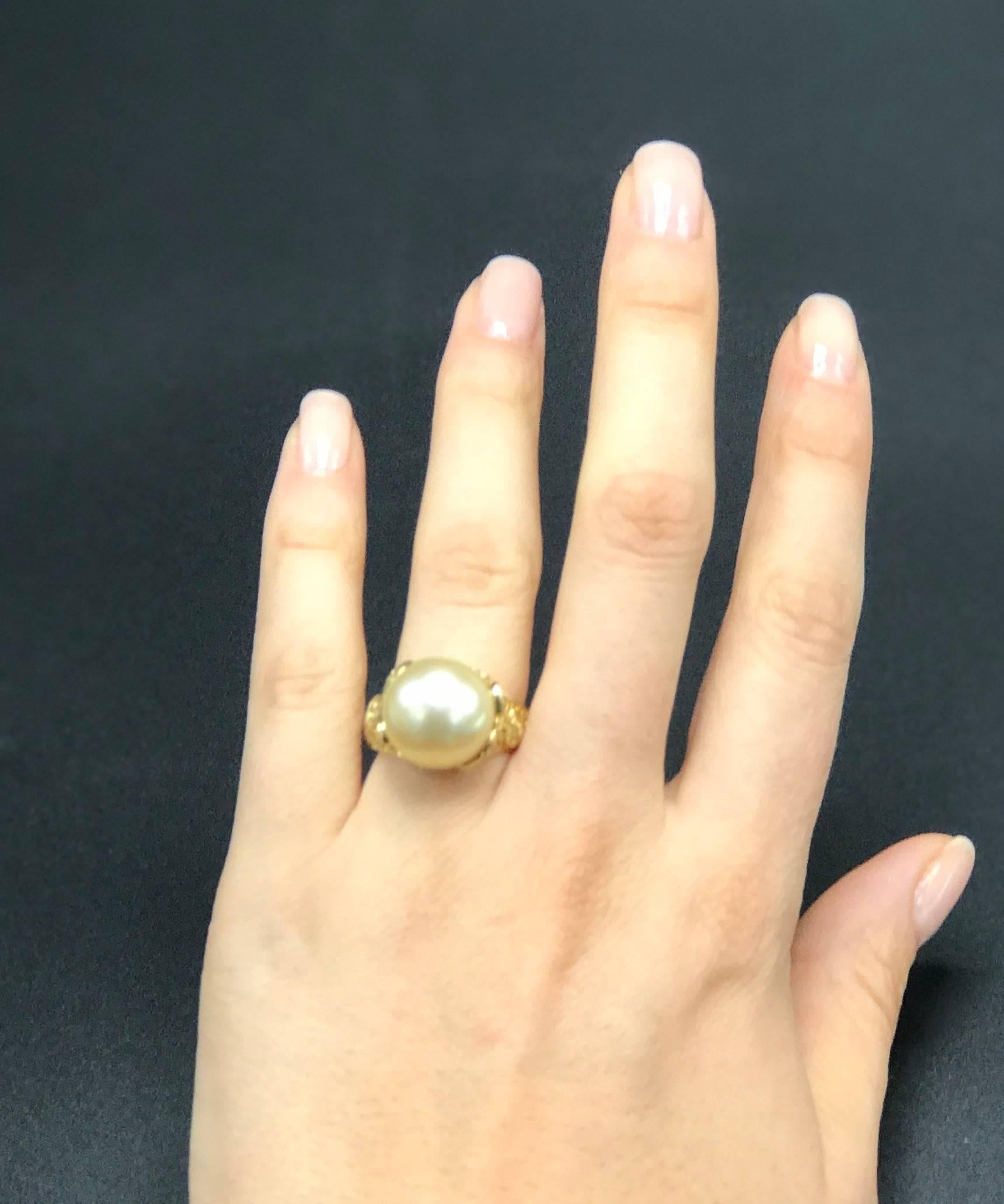 Women's or Men's South Sea Pearl and Pave Yellow Diamonds Ring For Sale