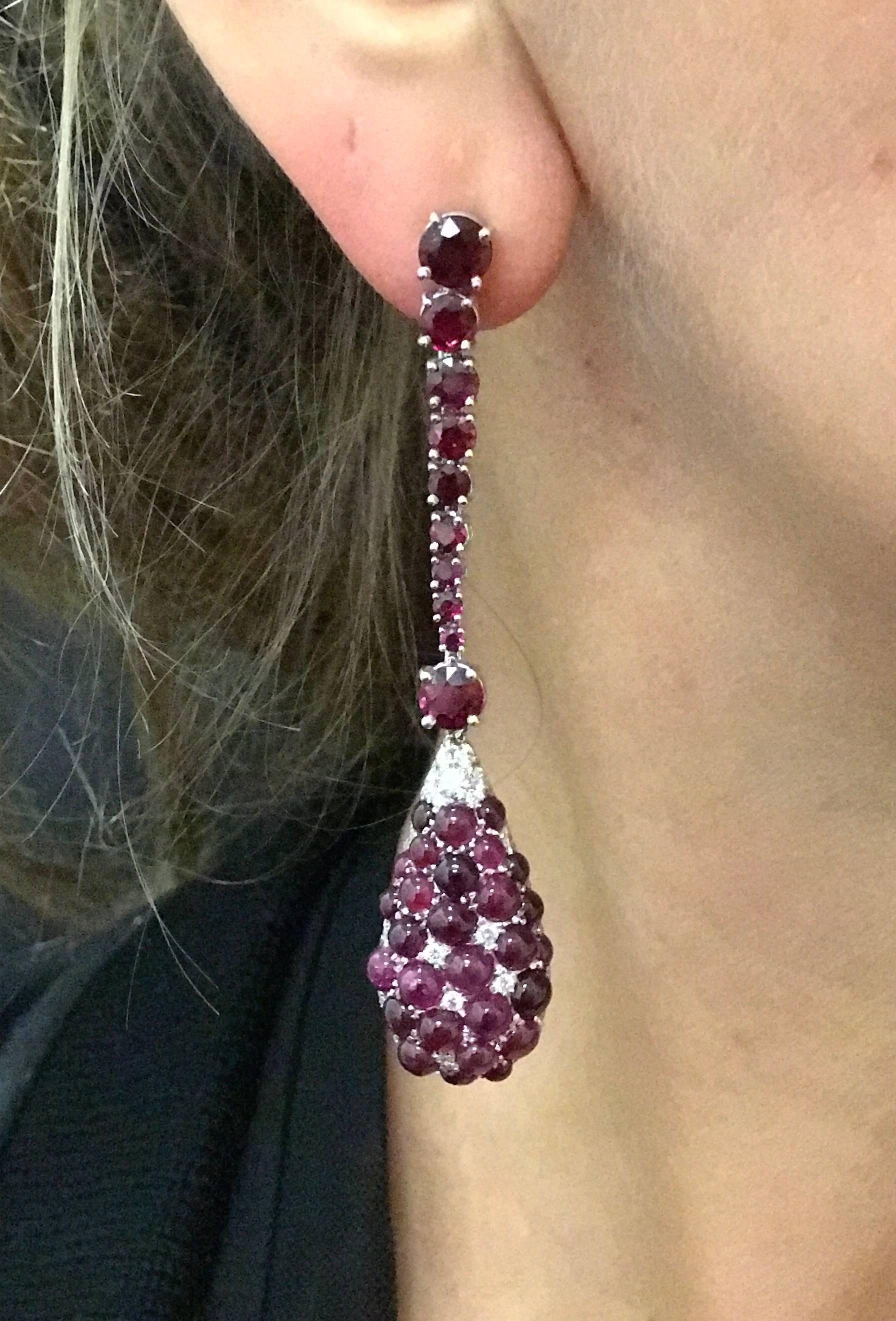 Ruby and Pave Diamond White Gold Drop Earrings In New Condition For Sale In New York, NY