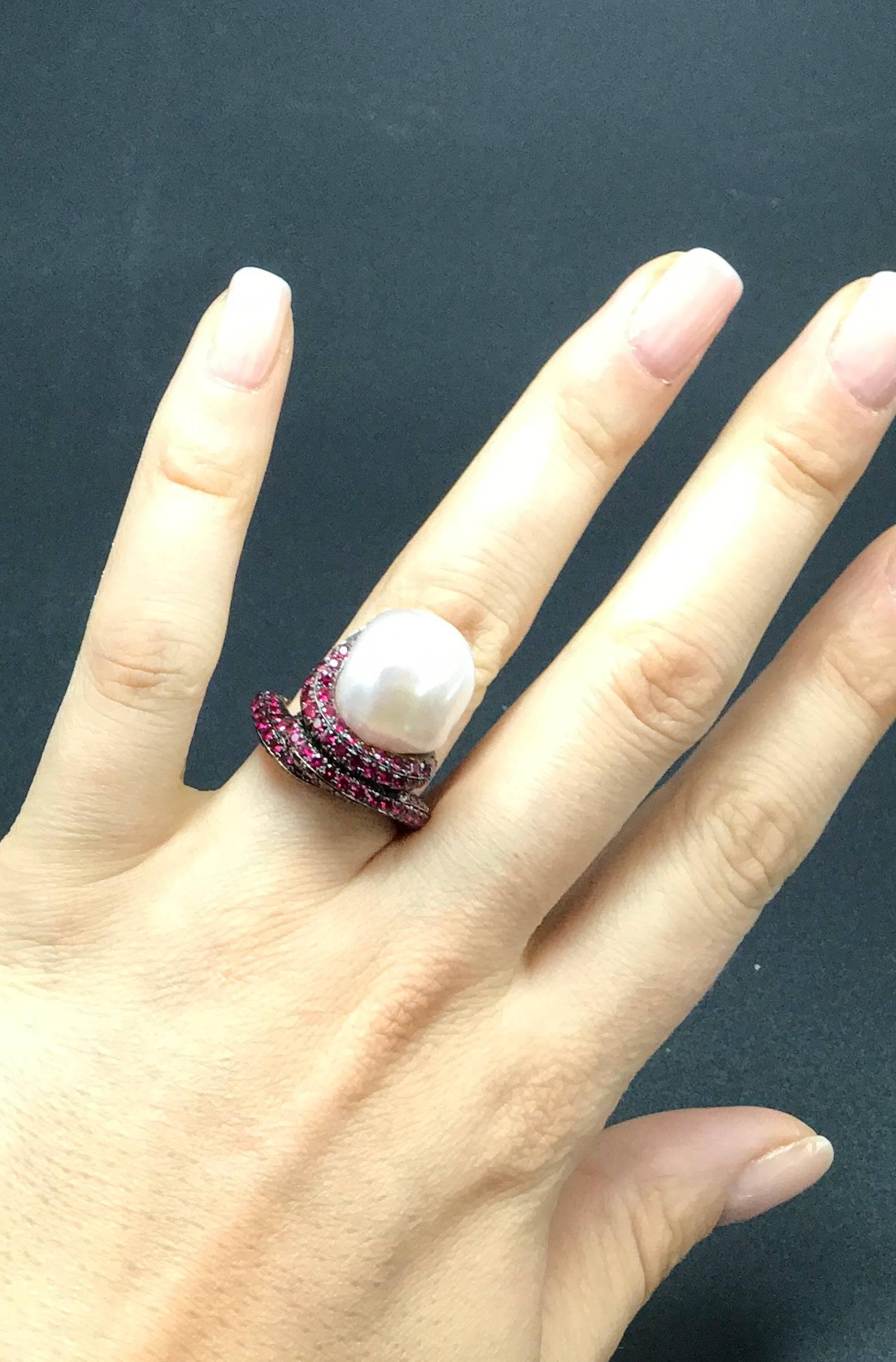 Women's or Men's Baroque Pearl and Pave Ruby Rose Gold Ring For Sale