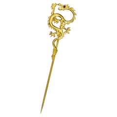 Dragon Stick Pin or Pendant in 18k Gold with Ruby Eye