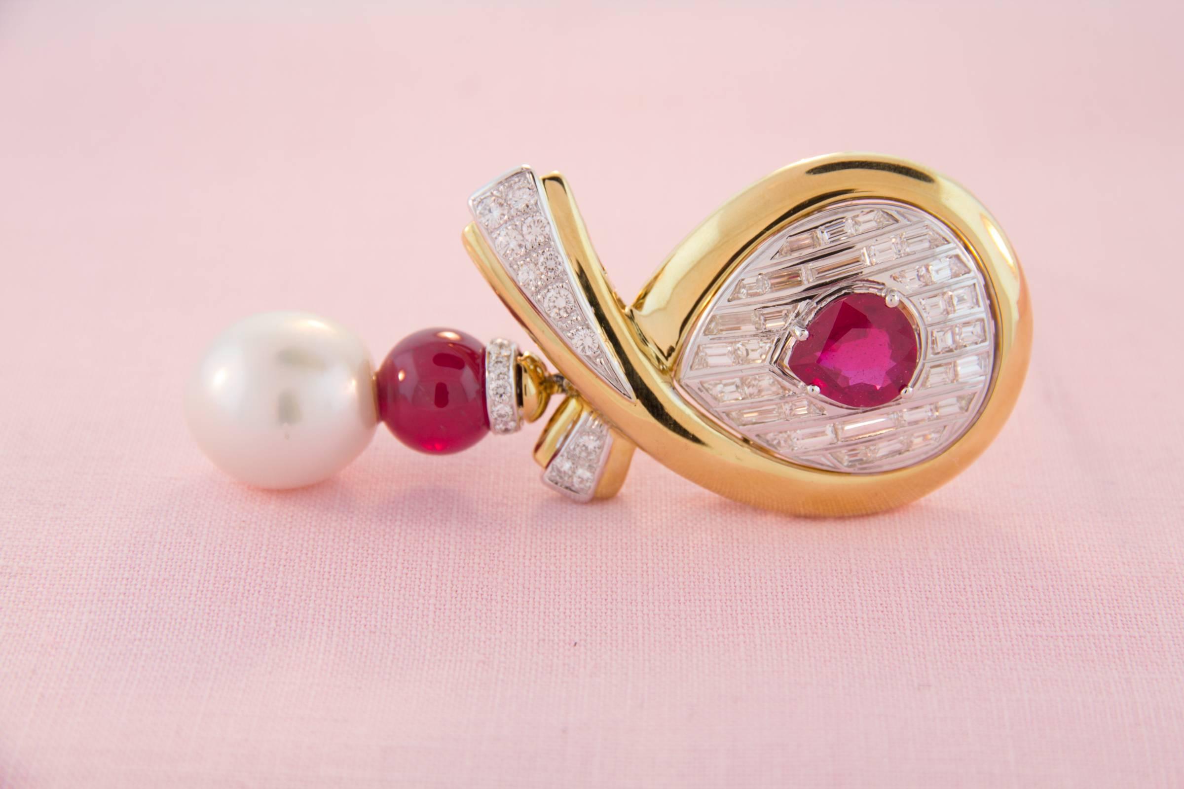 Bow Brooch Diamonds Ruby South Sea Pearl Design by Ella Gafter For Sale 1