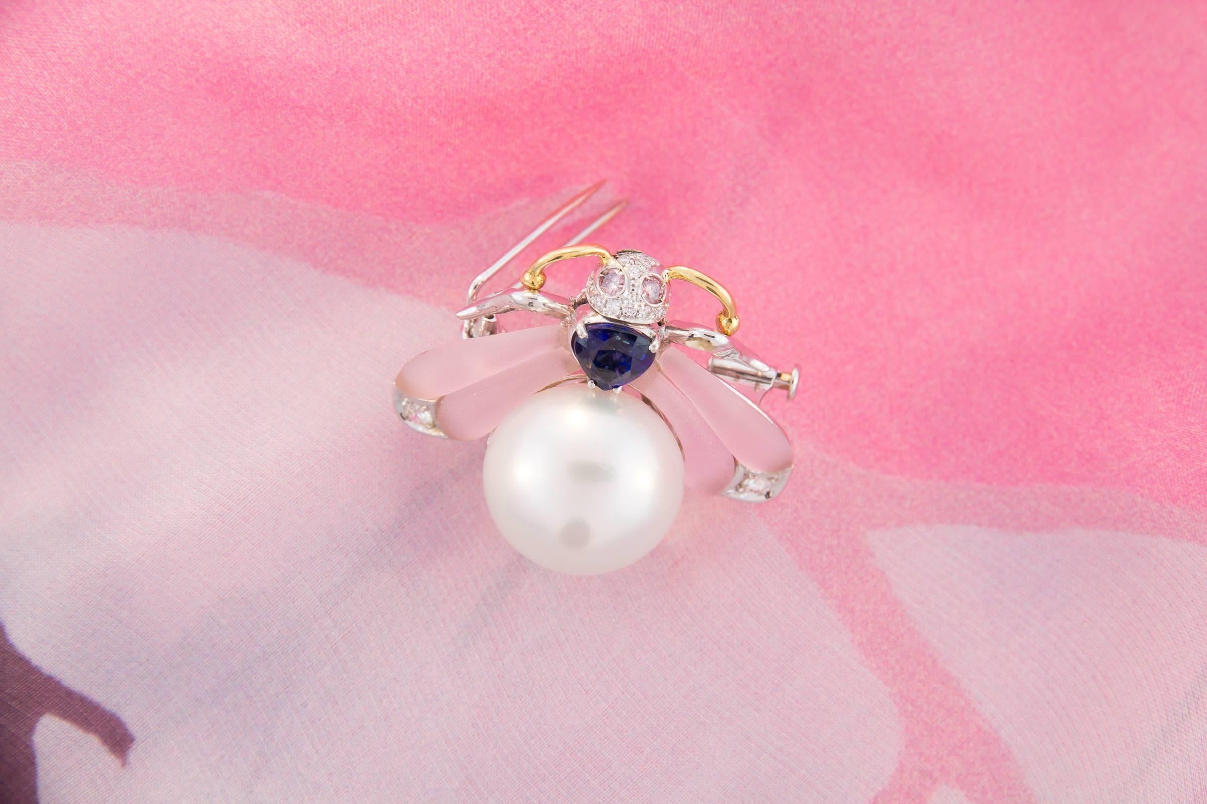 Women's or Men's Ella Gafter White South Sea Pearl Blue Sapphire Diamonds Gold Bee Brooch Pin