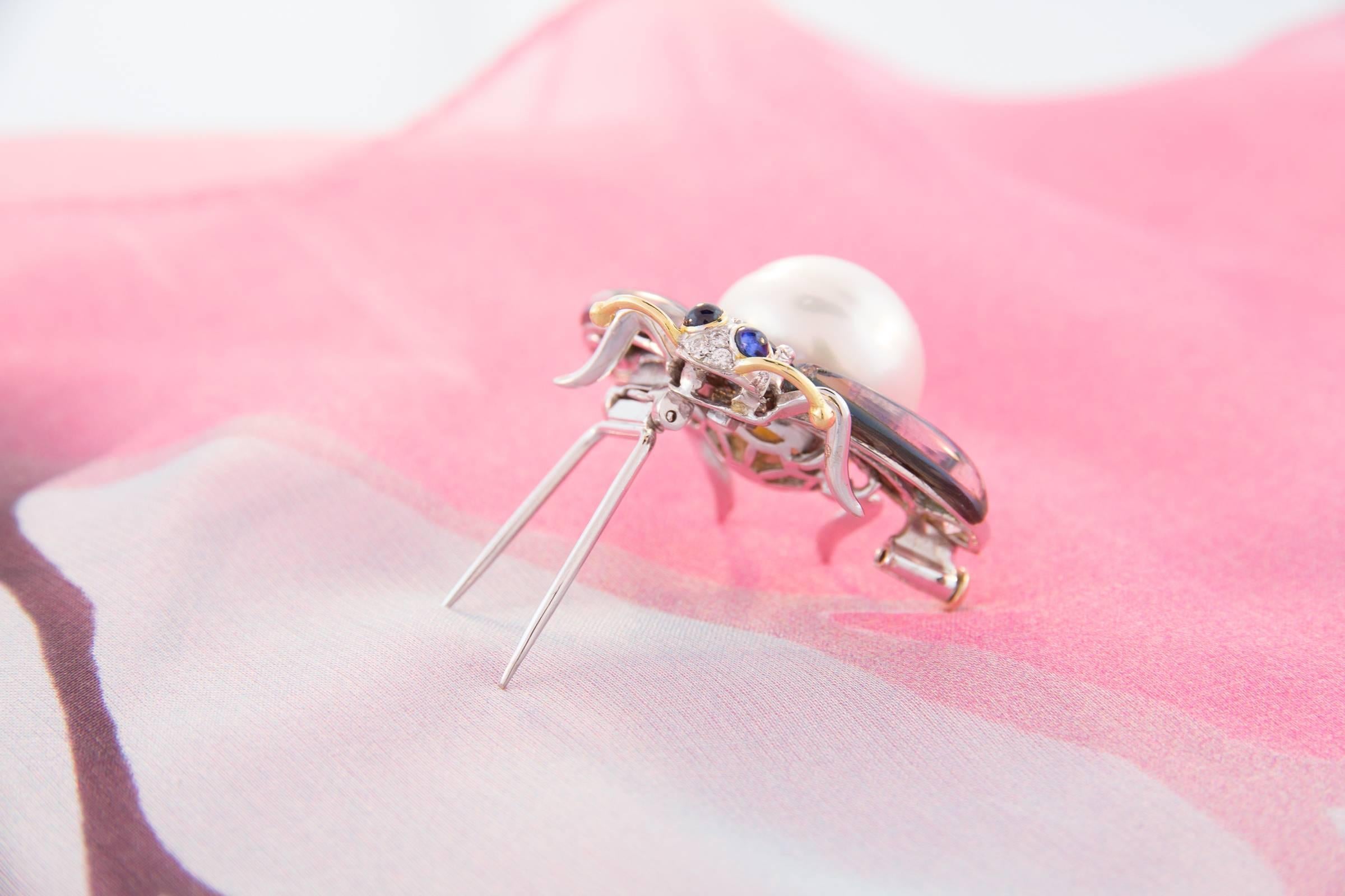 Women's Bee Brooch Pin Heart Shape Blue Sapphire Diamonds Pearl Design by Ella Gafter For Sale