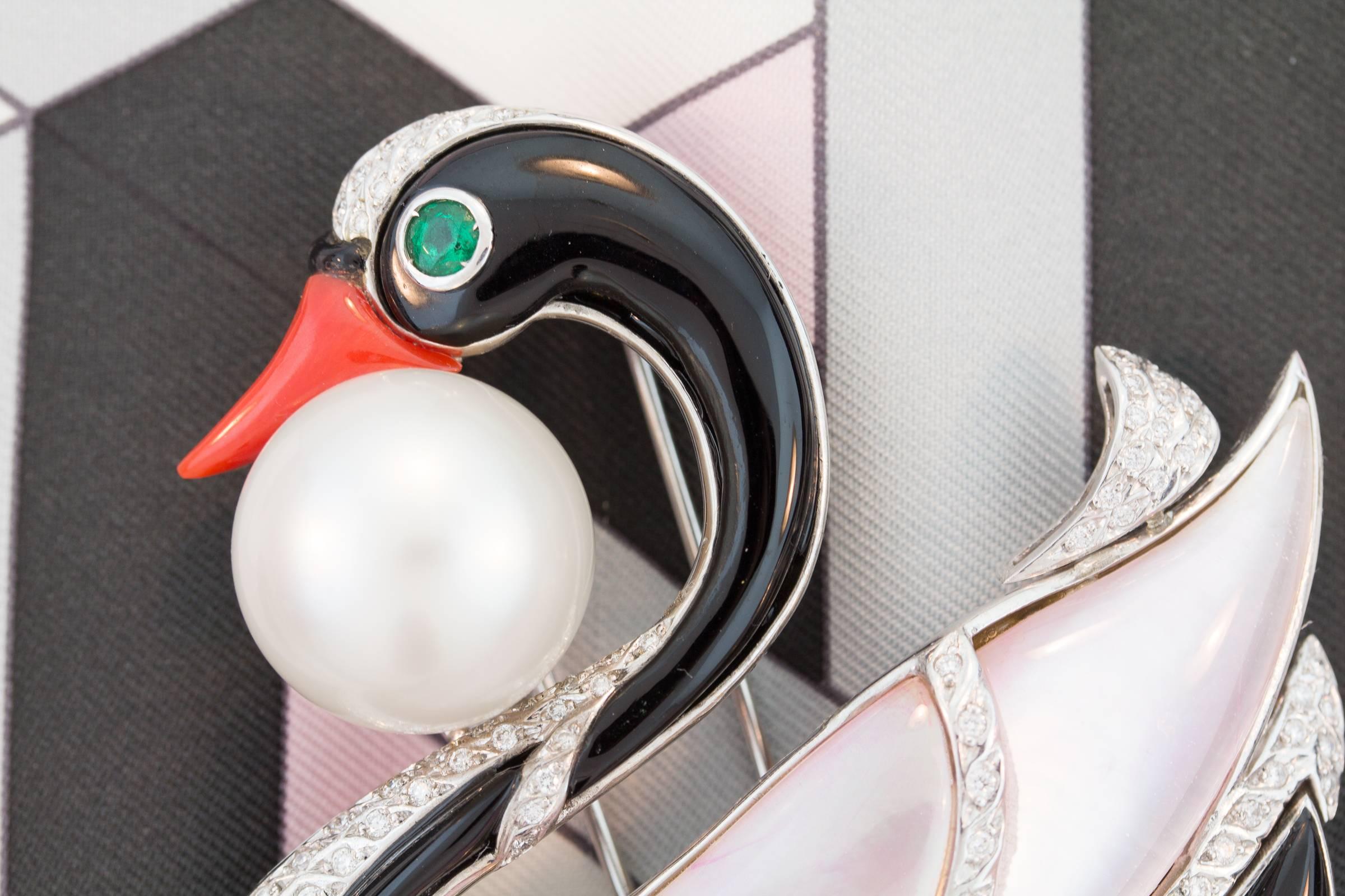 Swan Brooch Pin Diamonds 18mm Pearl Onyx Mother-Of-Pearl Design by Ella Gafter For Sale 6