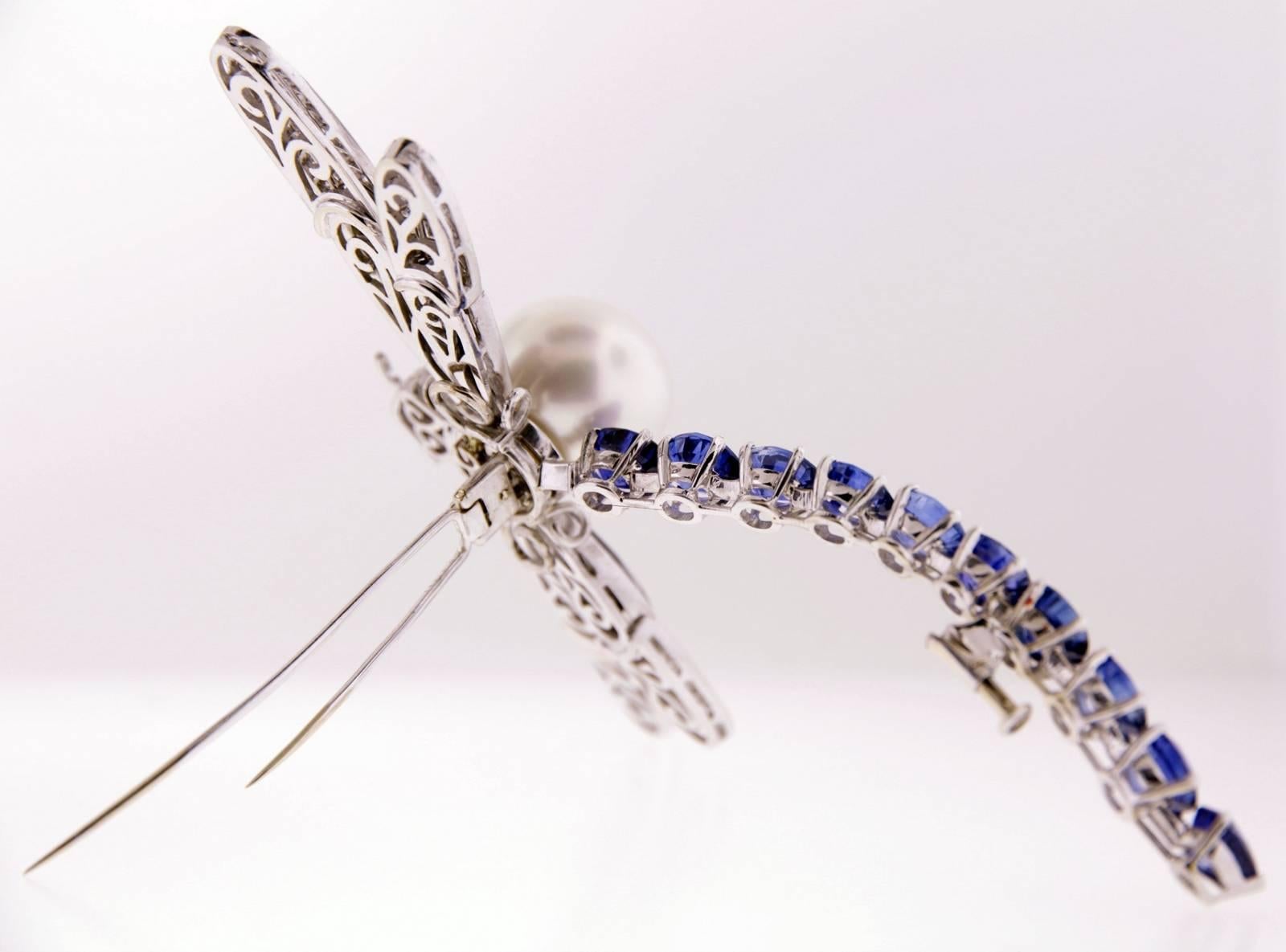 Ella Gafter Dragonfly Brooch Sapphire Diamond 18mm Pearl For Sale 2