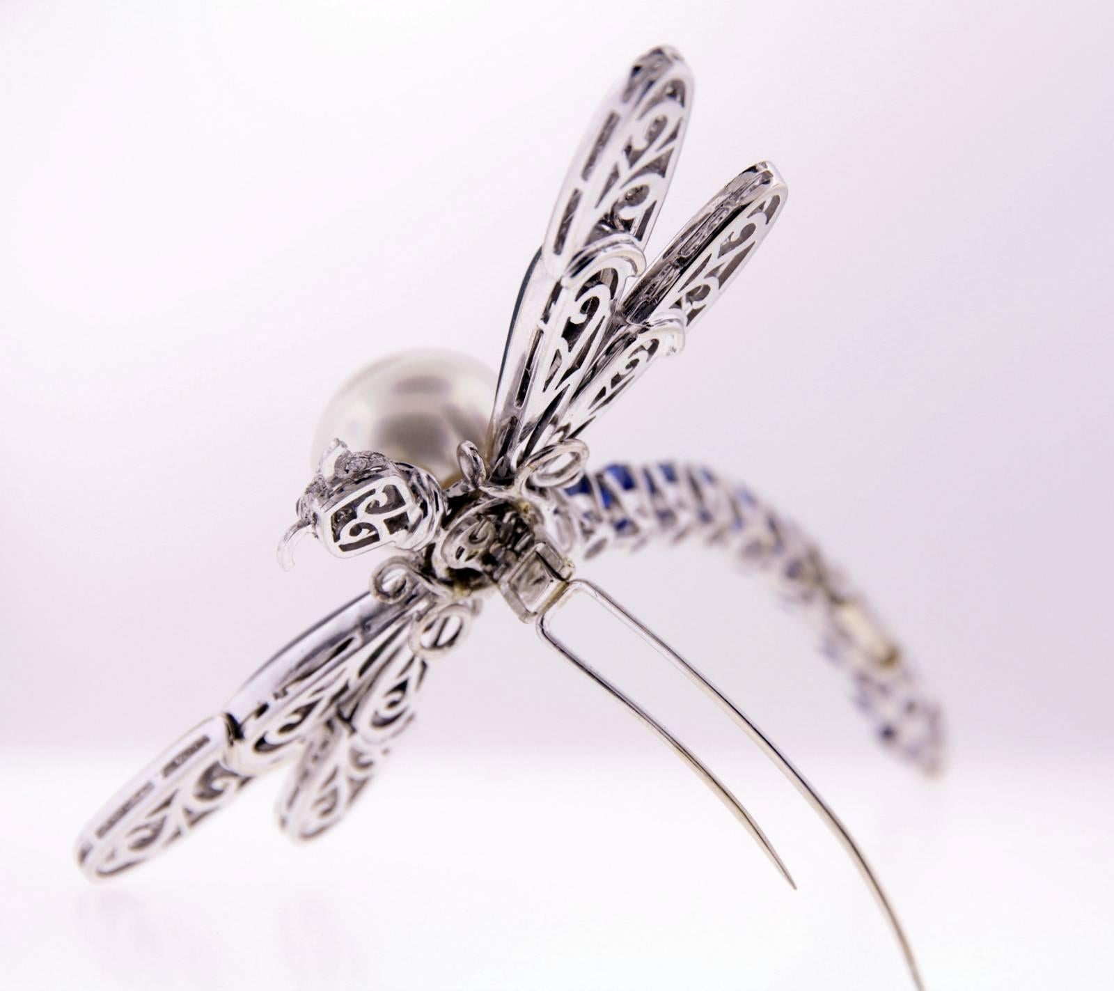 Ella Gafter Dragonfly Brooch Sapphire Diamond 18mm Pearl For Sale 3