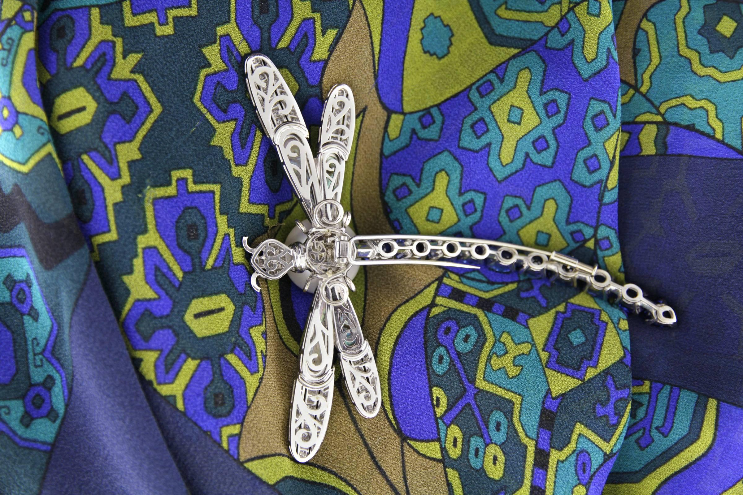 Dragonfly Brooch Pin Blue Sapphire Pearl 18mm and Diamonds Design by Ella Gafter For Sale 7
