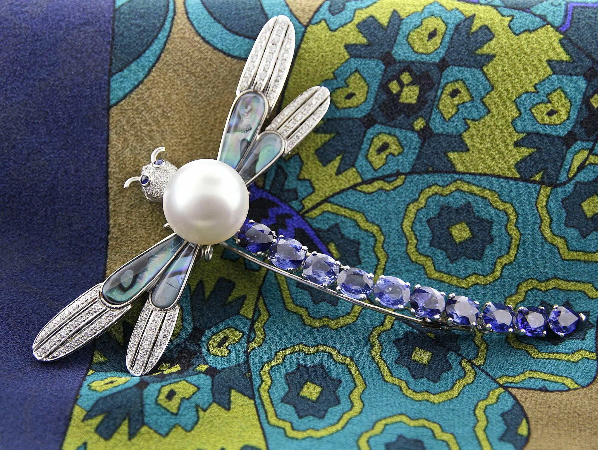 Ella Gafter Dragonfly Brooch Sapphire Diamond 18mm Pearl For Sale 5