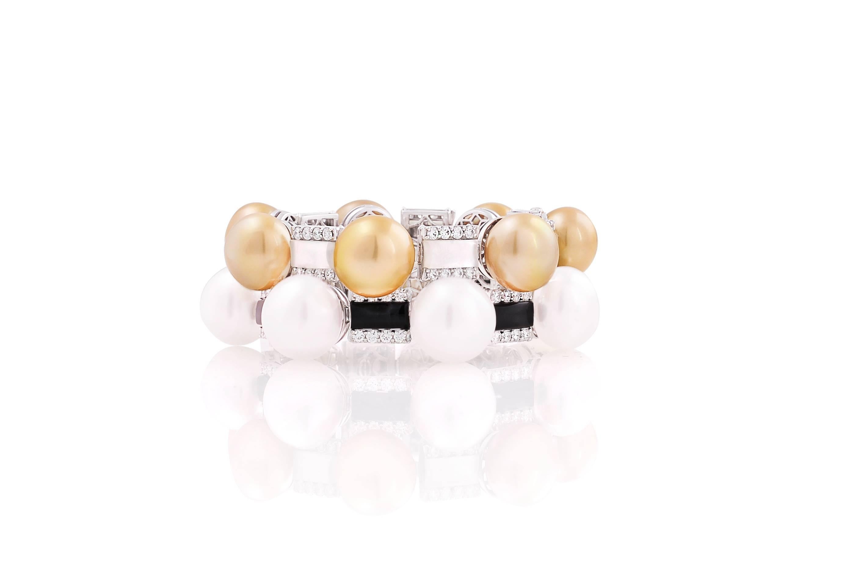 Ella Gafter South Sea Pearl Onyx Diamond White Gold Bracelet 1