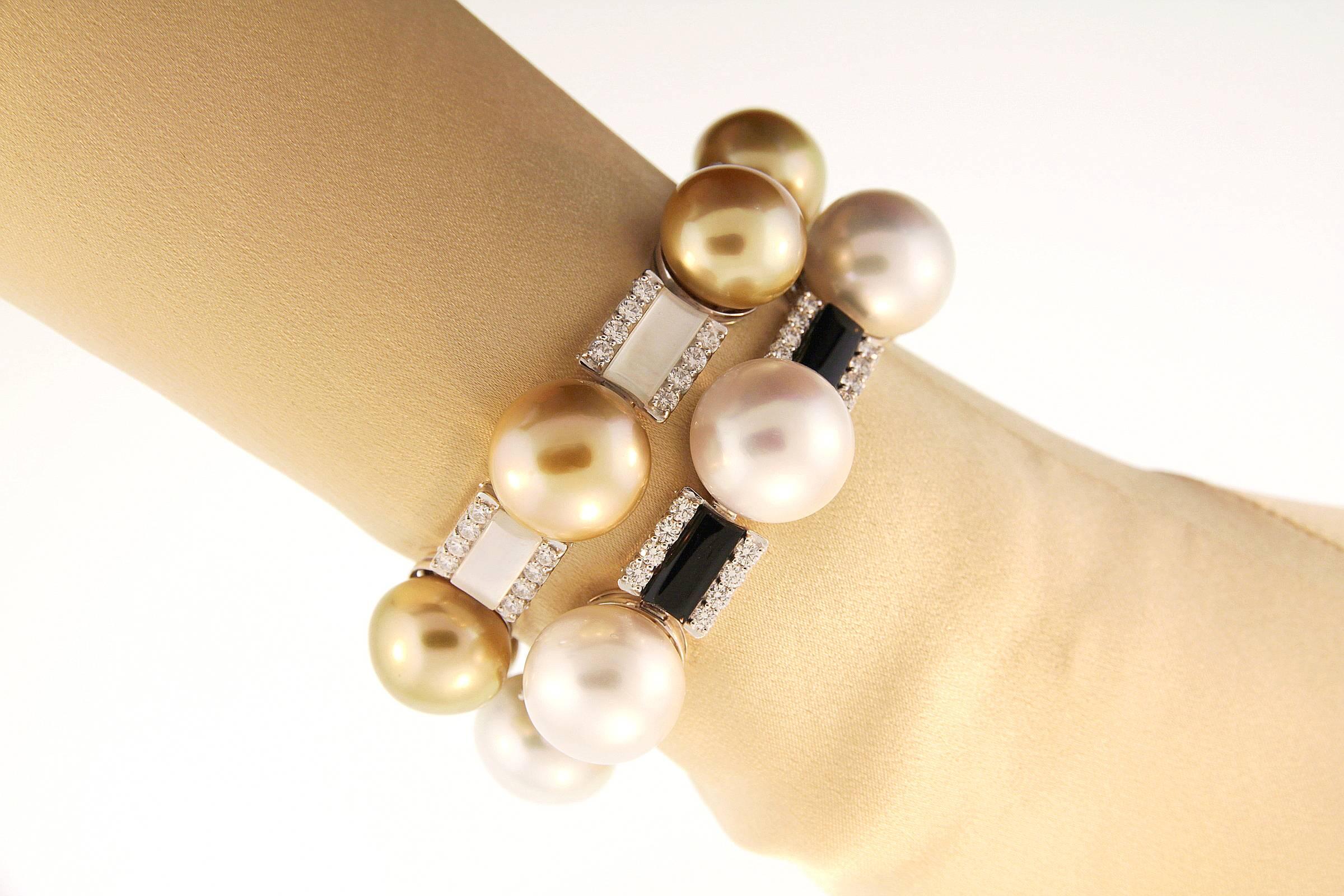 Ella Gafter South Sea Pearl Onyx Diamond White Gold Bracelet 2