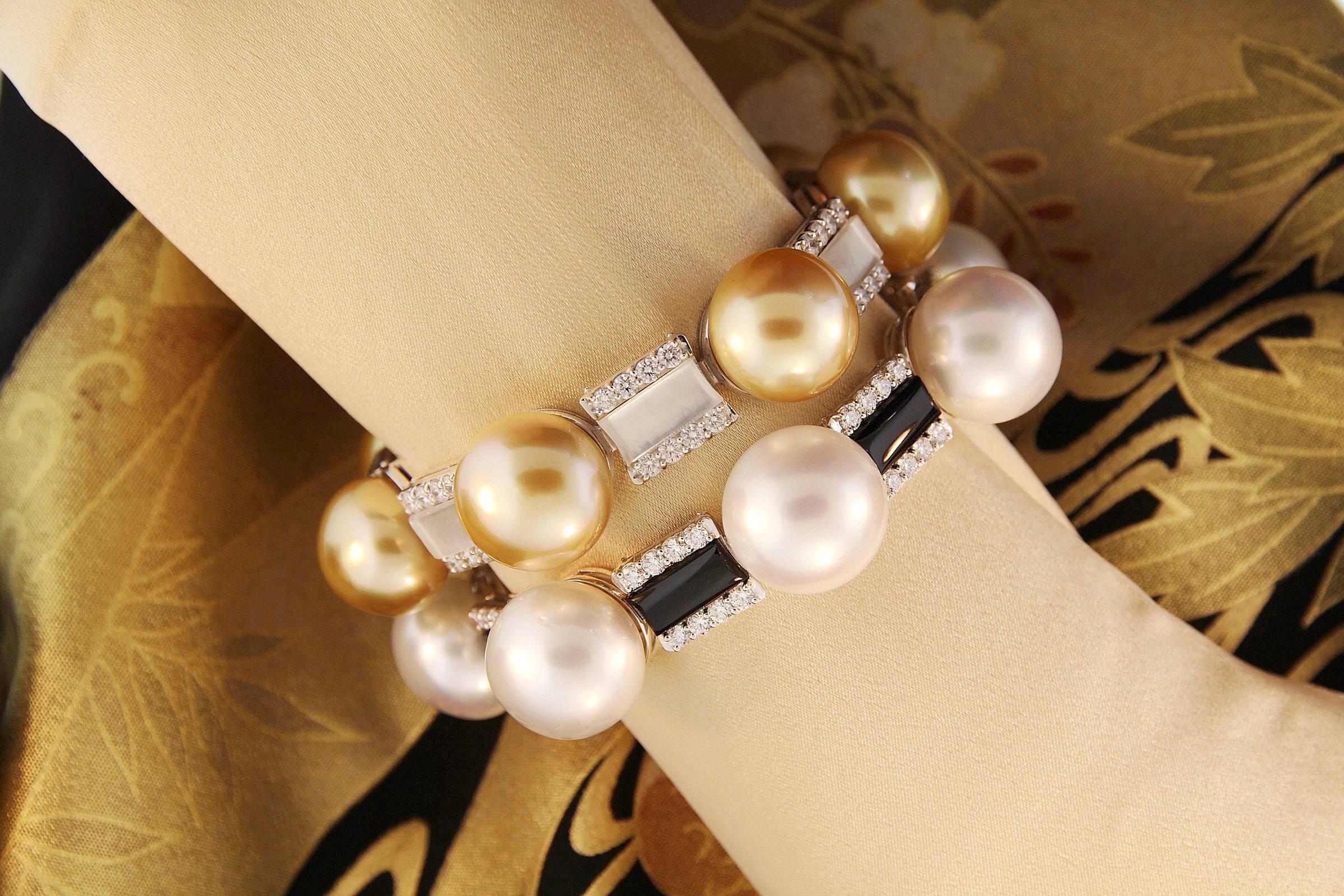 Ella Gafter South Sea Pearl Onyx Diamond White Gold Bracelet 3