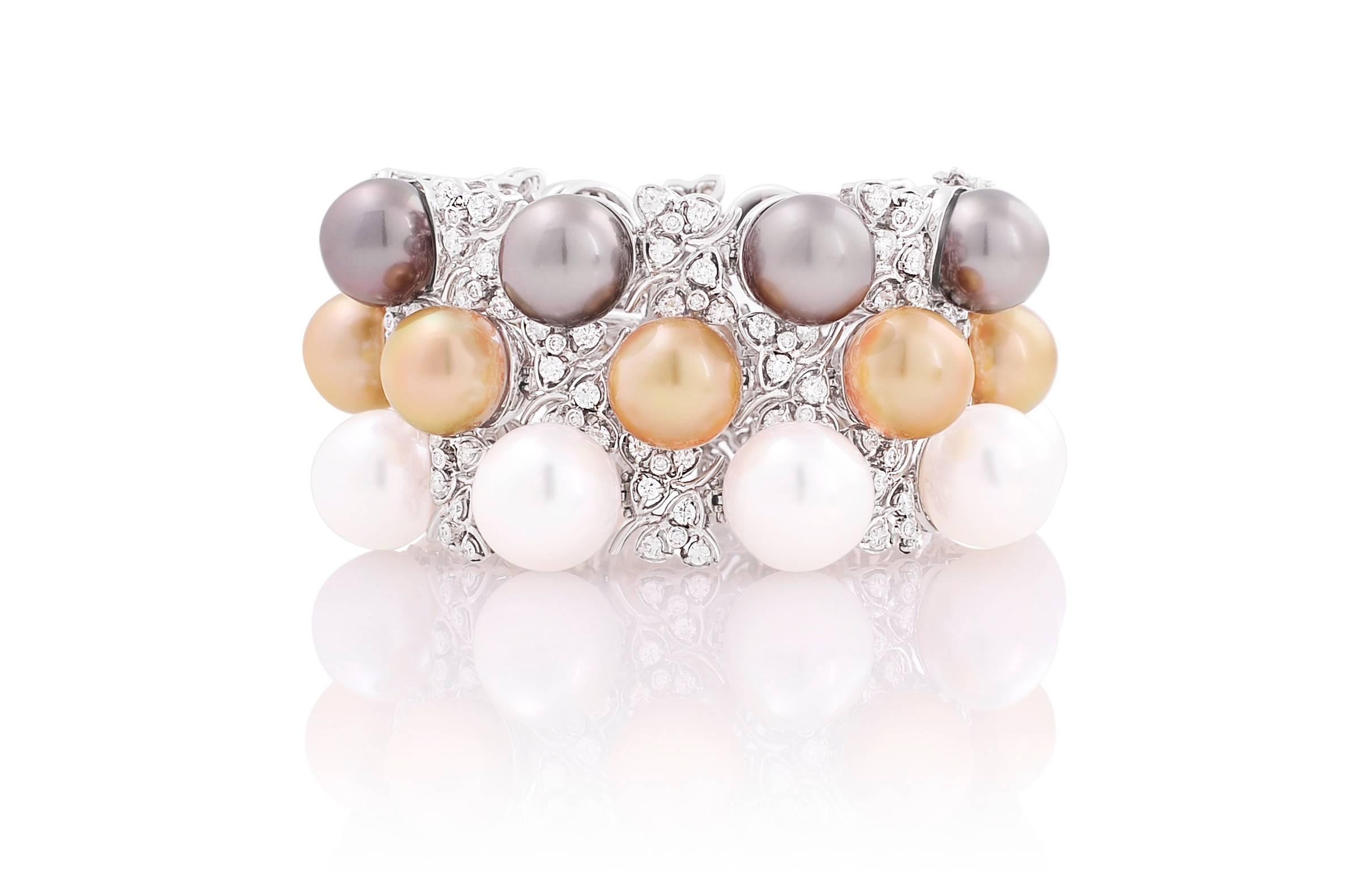 Ella Gafter 14mm Golden Pearl Diamond Cuff Bracelet For Sale 6