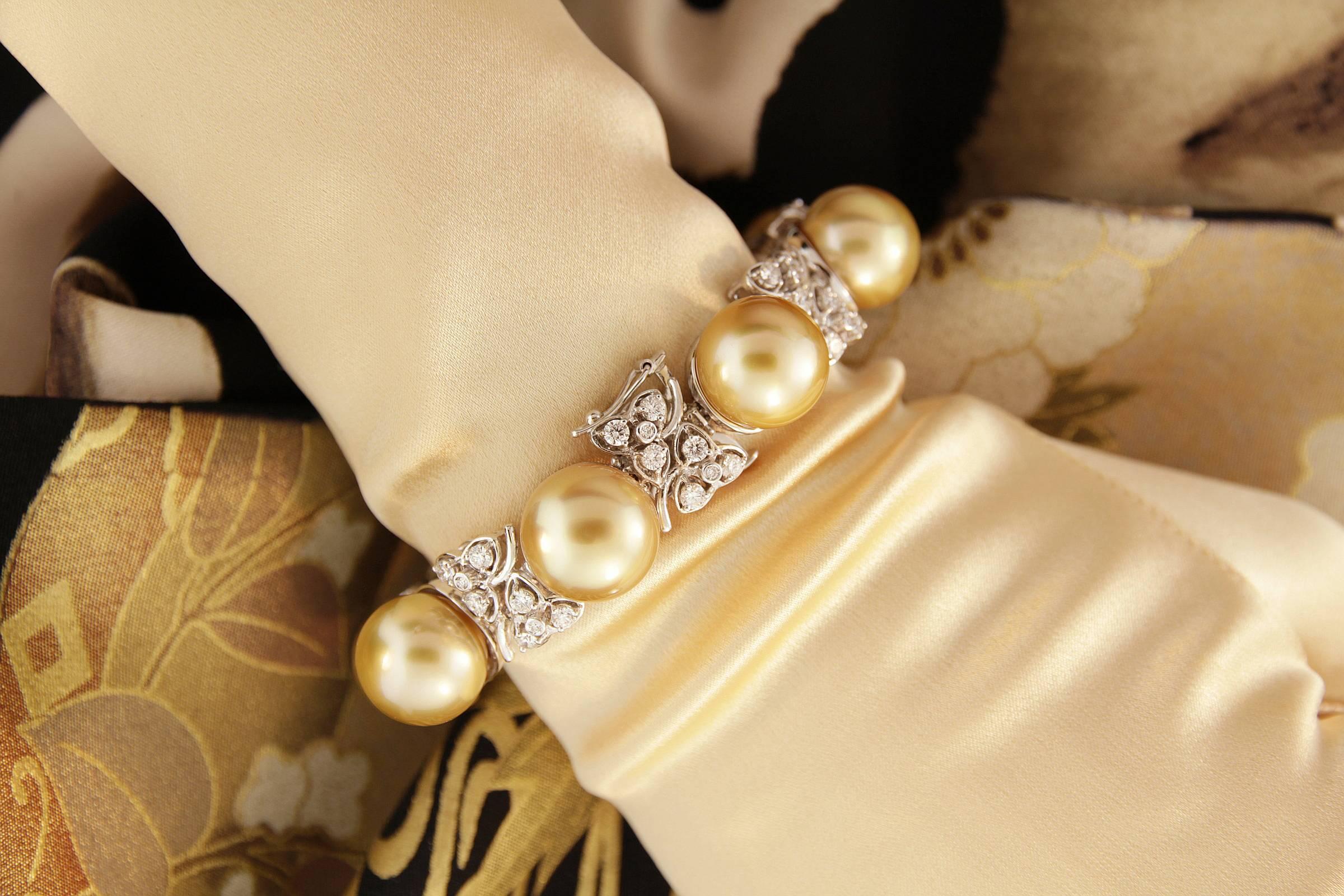 Ella Gafter 14mm Golden Pearl Diamond Cuff Bracelet For Sale 4
