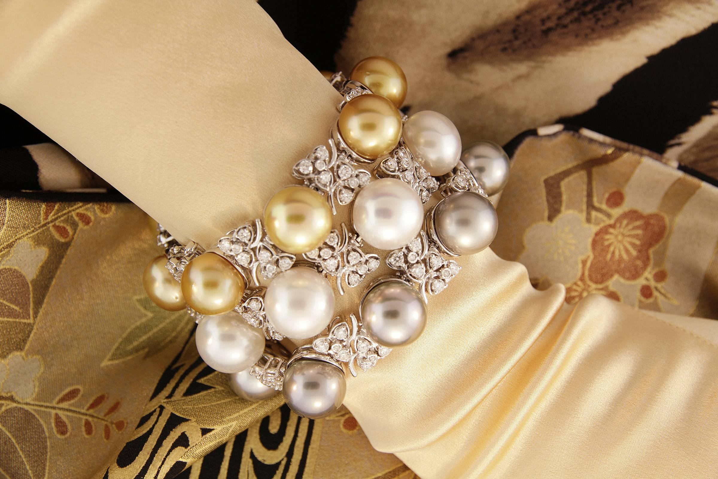 Ella Gafter 14mm Golden Pearl Diamond Cuff Bracelet For Sale 8